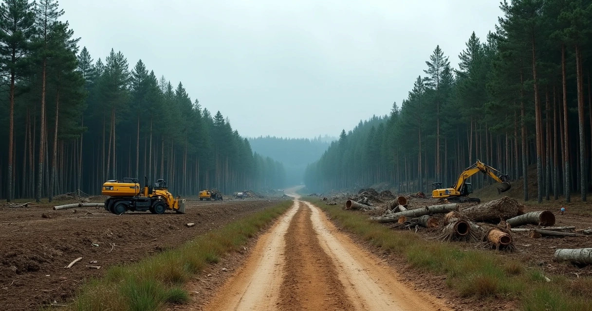 Bosque talado parcialmente, con árboles caídos, maquinaria al fondo y camino de tierra, cielo nublado 
