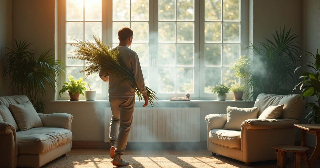 Defumador aceso liberando fumaça em sala aconchegante 