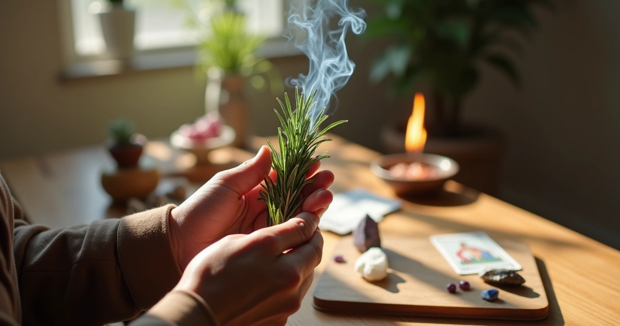 Pessoa realizando defumação com ervas em ambiente com cristais 