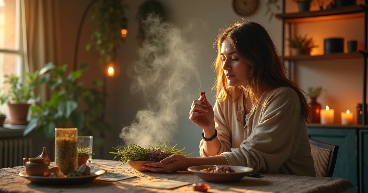 Pessoa realiza defumação com ervas naturais em ambiente doméstico 