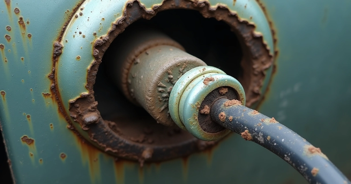Detalhe de fio de aterramento automotivo oxidado