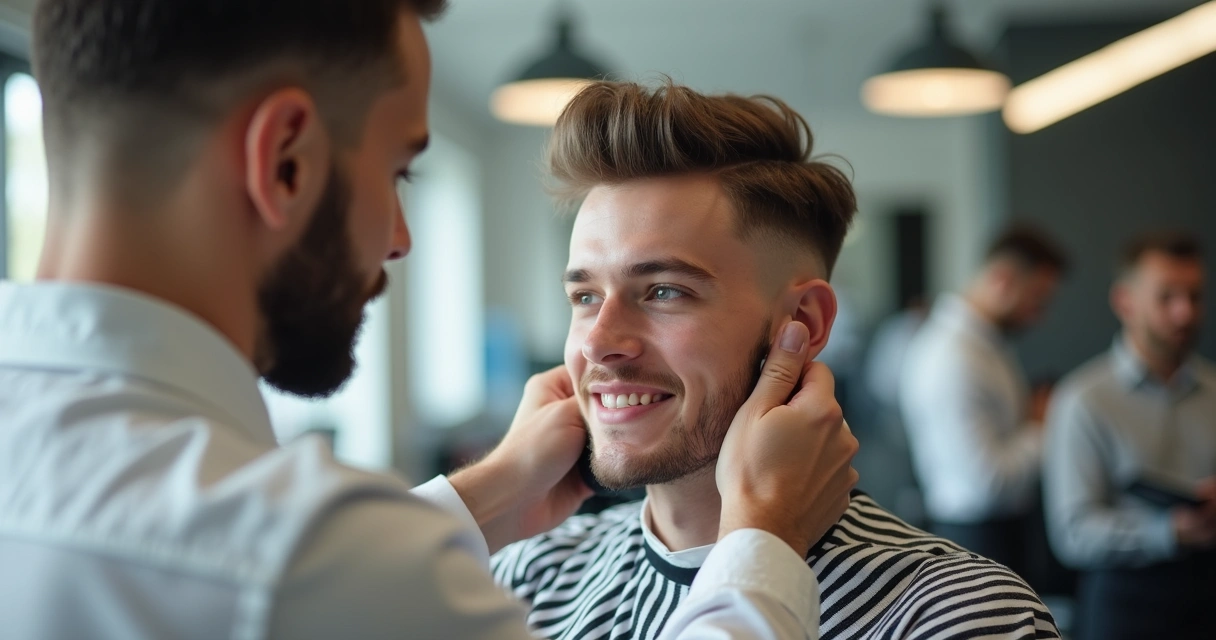 Profissional em barbearia moderna finalizando corte masculino degradê médio 