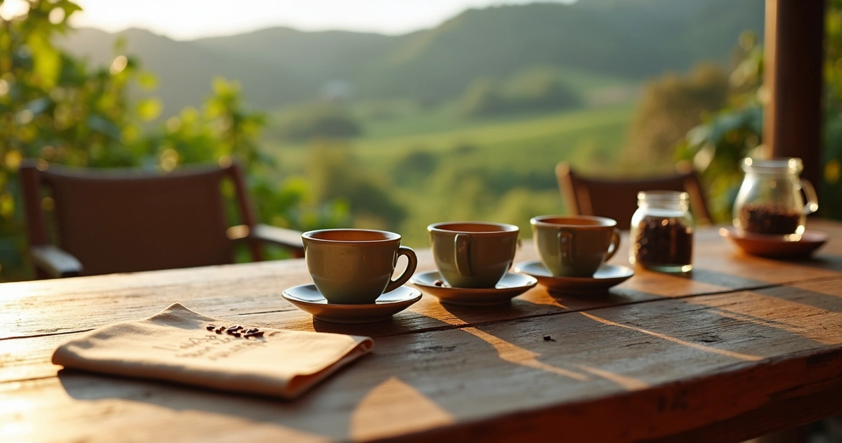 Xícaras de café em mesa rústica durante degustação em fazenda 
