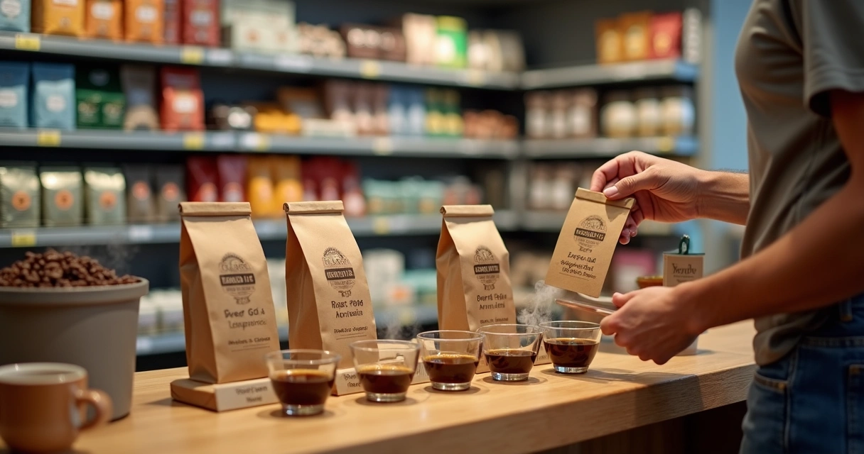 Consumidor avalia pacotes de café em mesa de degustação no supermercado 