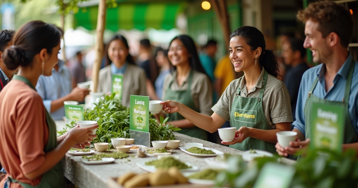Clientes experimentando chá de moringa em feira 