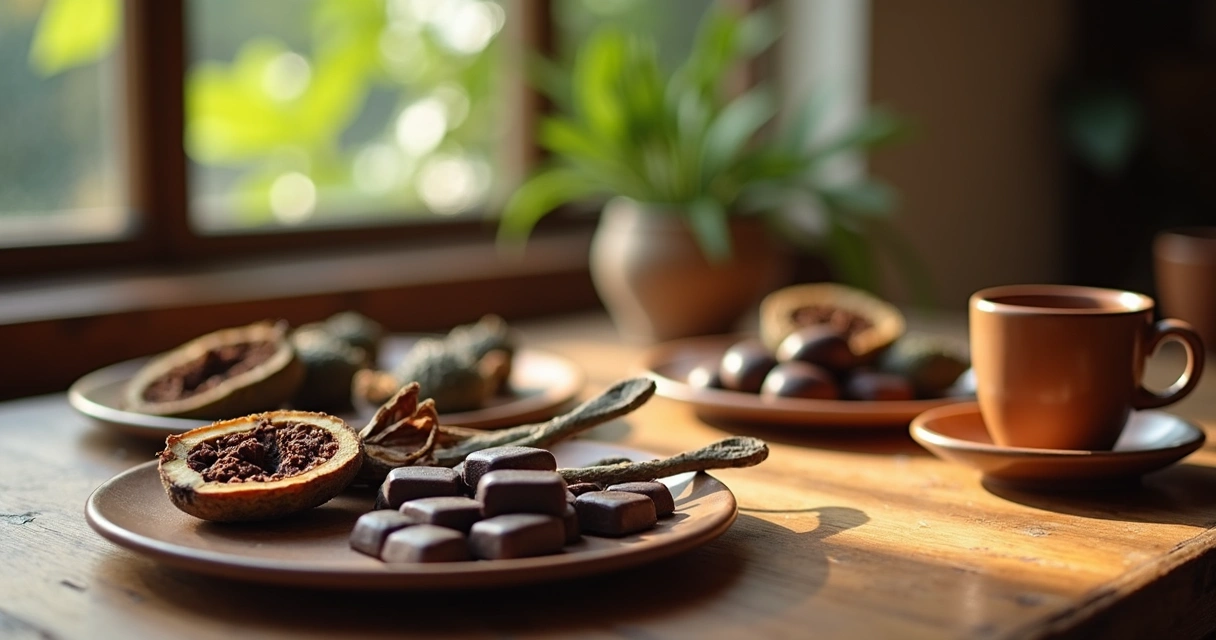 Mesa com amostras de chocolates e cacau na Bahia 