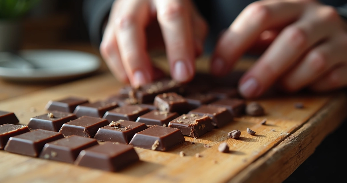 Degustação de pedaços de chocolate artesanal sobre mesa de madeira 