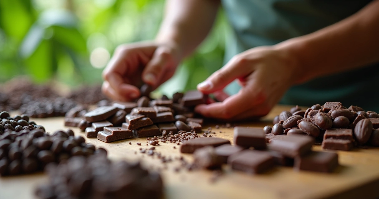 Degustação de chocolate artesanal com pedaços variados sobre bancada de madeira em fazenda de cacau 
