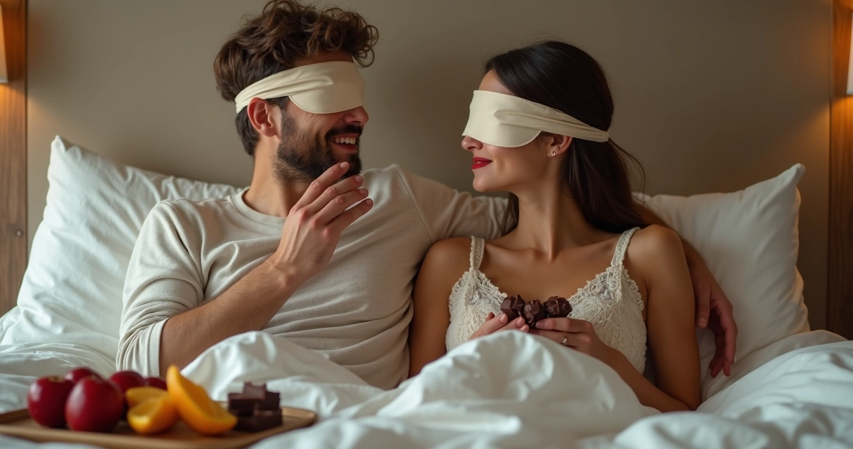 Casal sentado em cama usando vendas enquanto degustam chocolate 