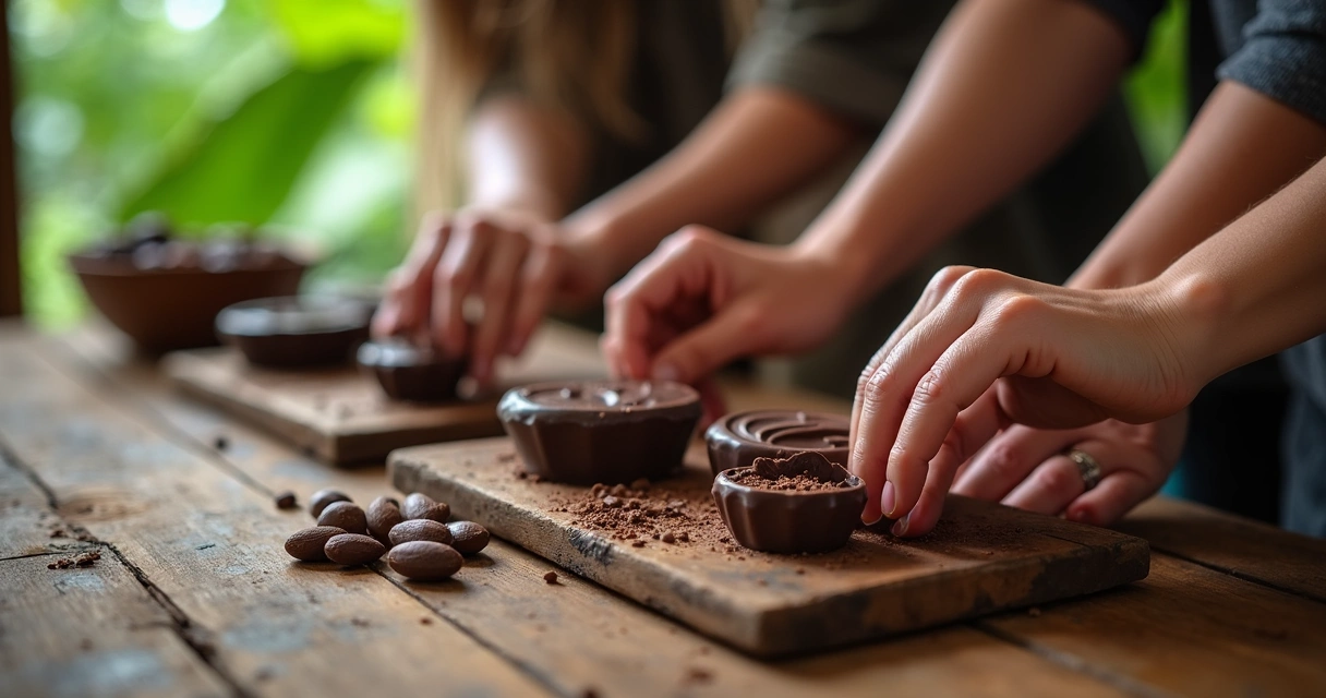 Degustação de chocolate baiano em mesa de fazenda rústica 