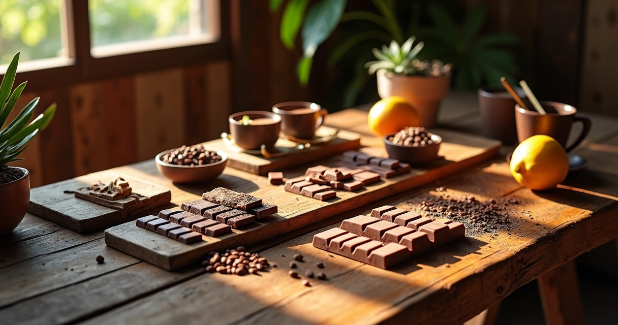 Mesa com chocolates artesanais, amêndoas de cacau e utensílios de degustação 
