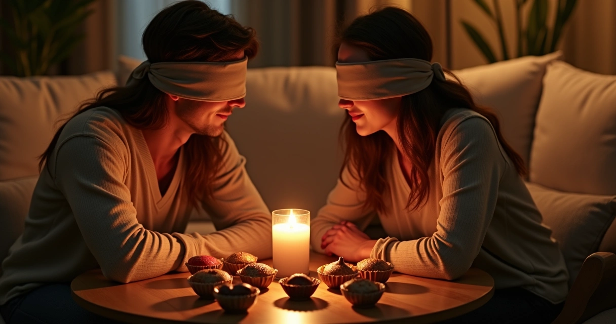 Casal vendado experimentando chocolates especiais 