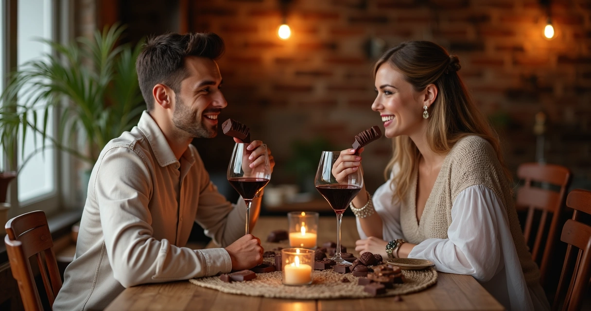 Casal experimenta chocolates e vinho em mesa elegante 