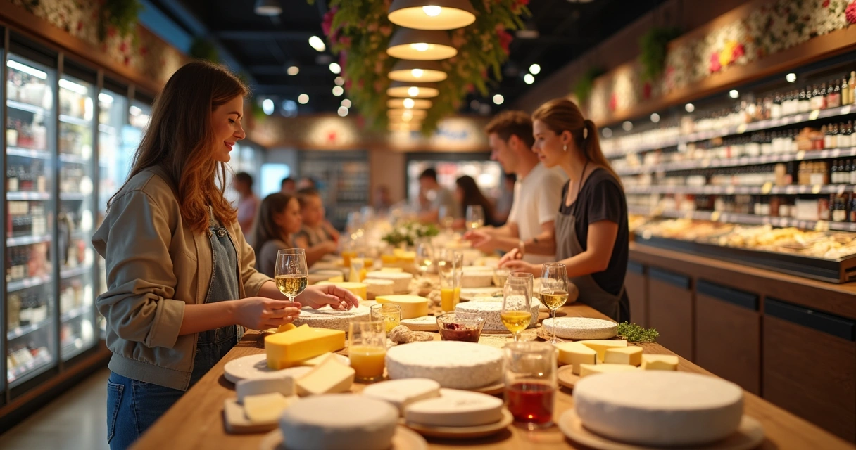 Degustação de queijos gourmet em supermercado lotado para Dia das Mães 