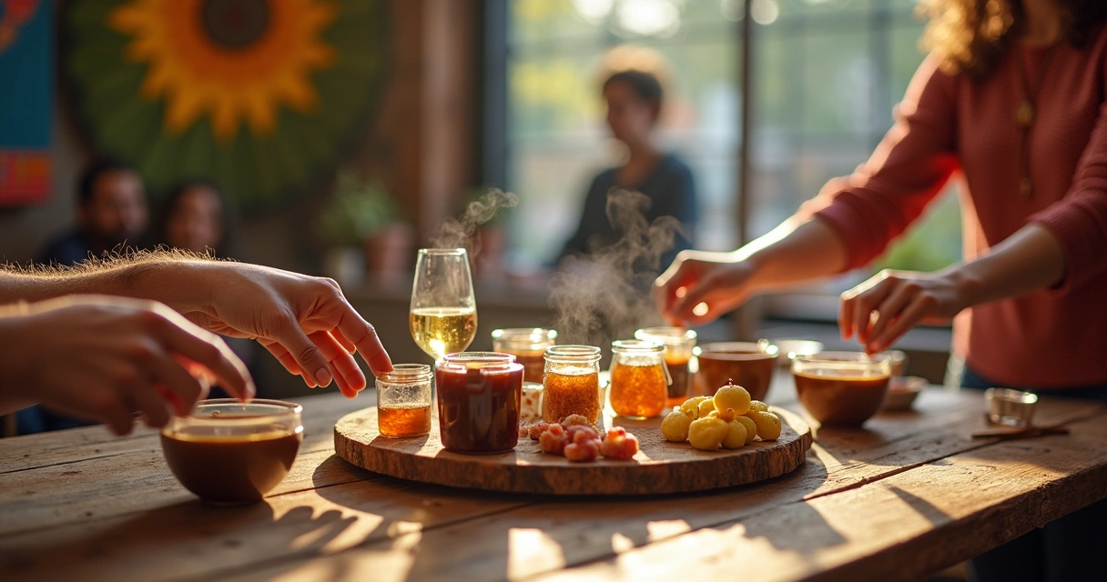 Pessoa servindo café paranaense ao lado de potes de geleia e balas de banana 