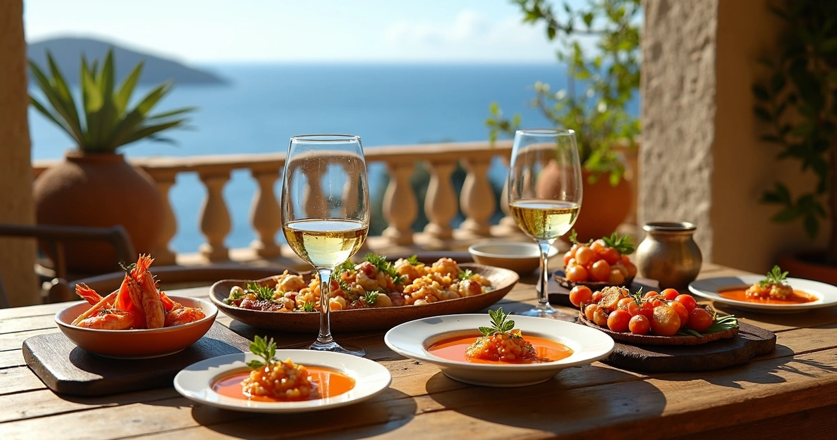Mesa com pratos típicos espanhóis e taças de vinho 