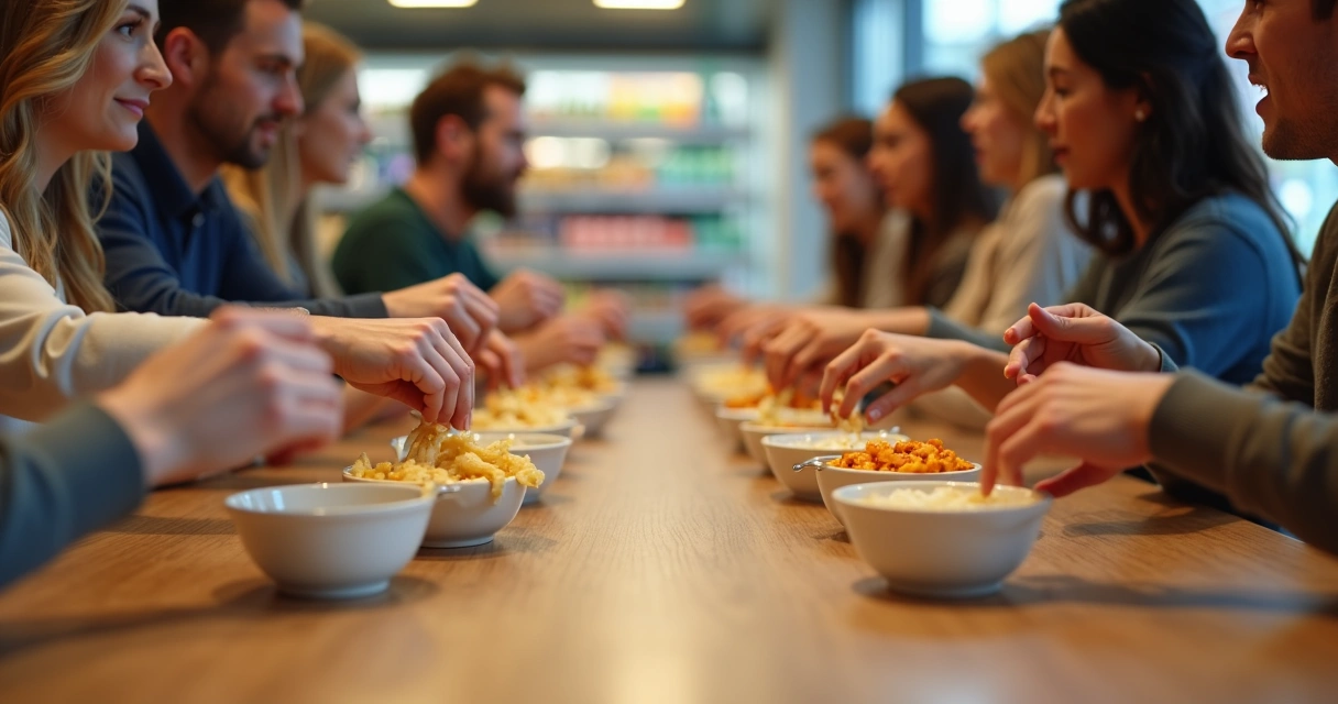 Pessoas fazendo degustação de produtos de marca própria e tradicional 