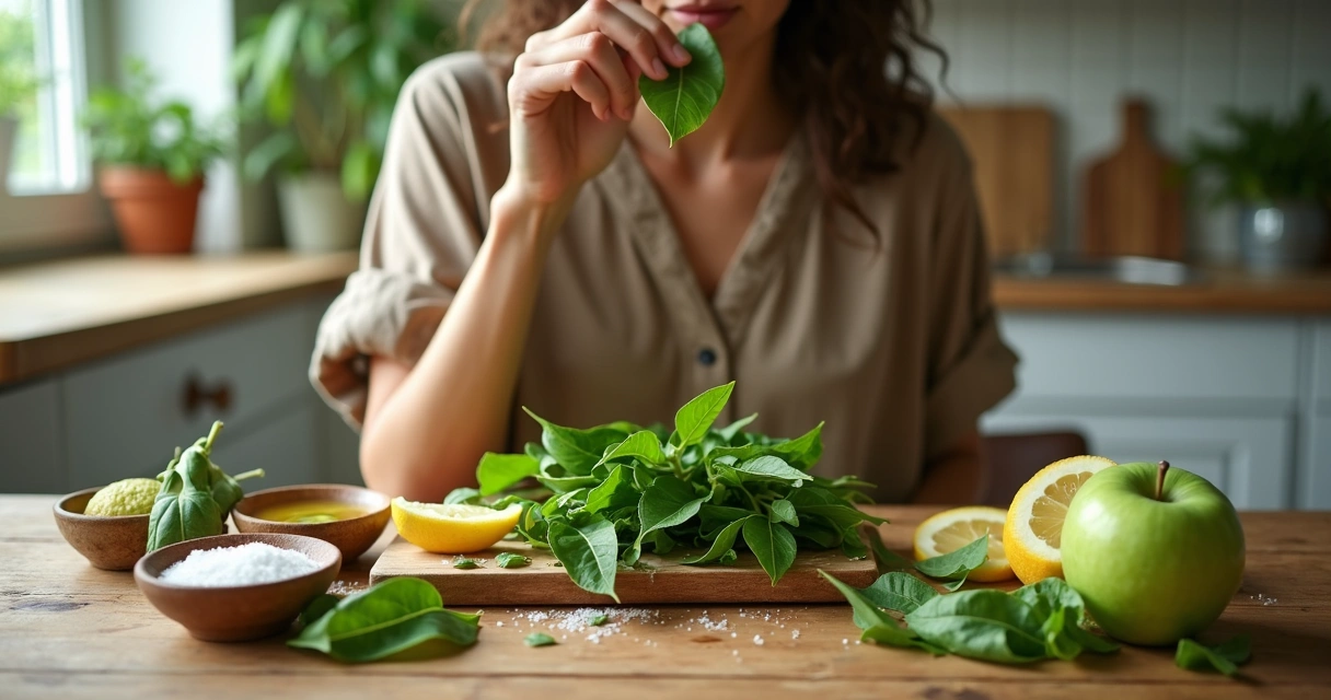 Pessoa experimenta folhas cruas de moringa em tábua com temperos naturais 