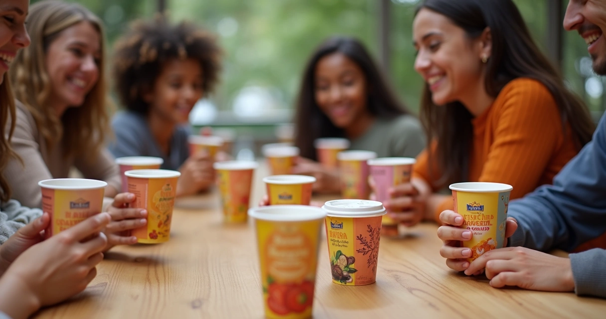 Mesa com produtos de collab sendo degustados por jovens e adultos 