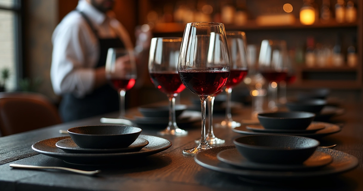 Mesa preta elegante com pratos sofisticados e taças de vinho tinto 