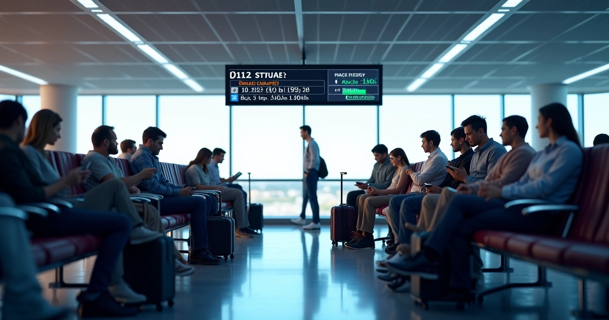 Travelers waiting on airport seats with electronic devices and luggage. 