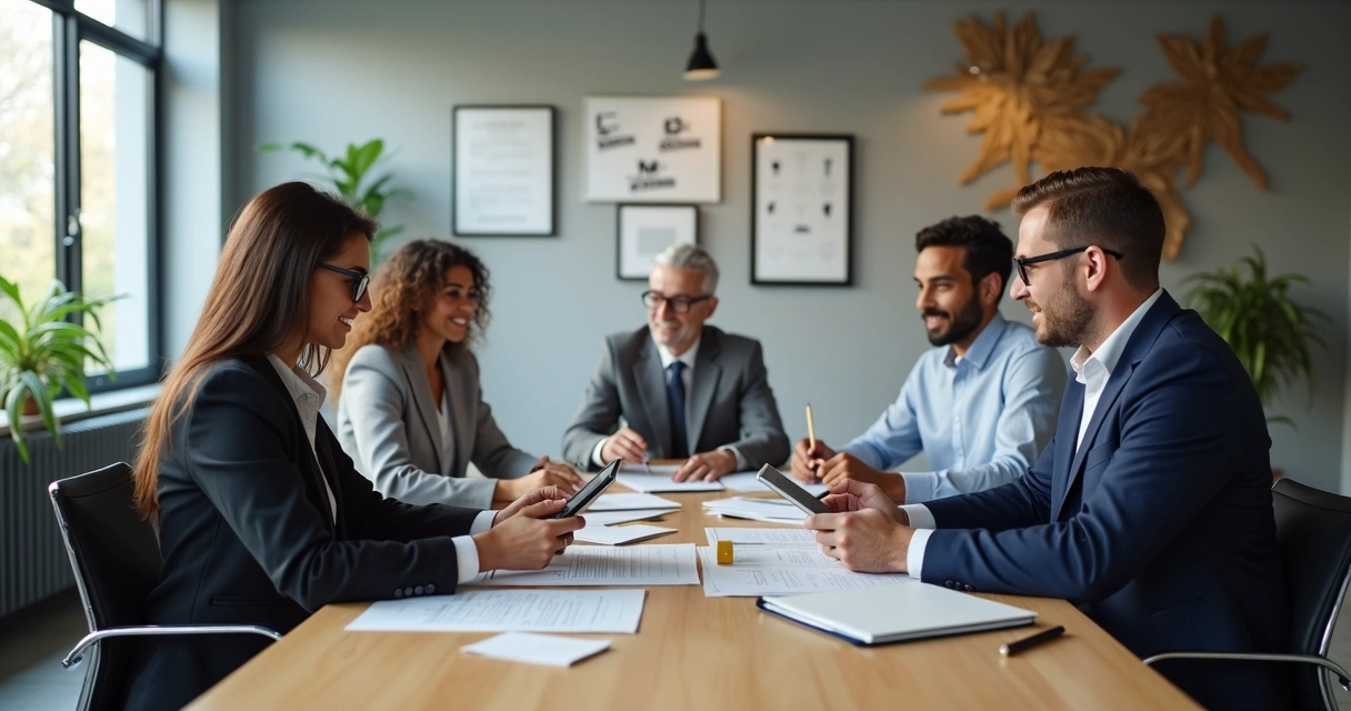 Equipe de advogados dividindo tarefas em escritório moderno 