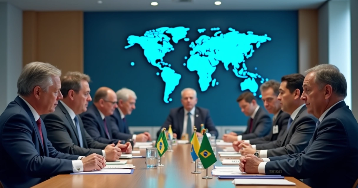 Delegação brasileira usando crachás com Brasil e Brazil. 