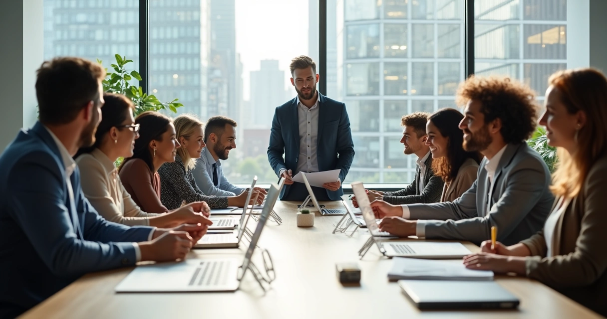 Líder delegando tarefas para equipe reunida em sala de reunião 