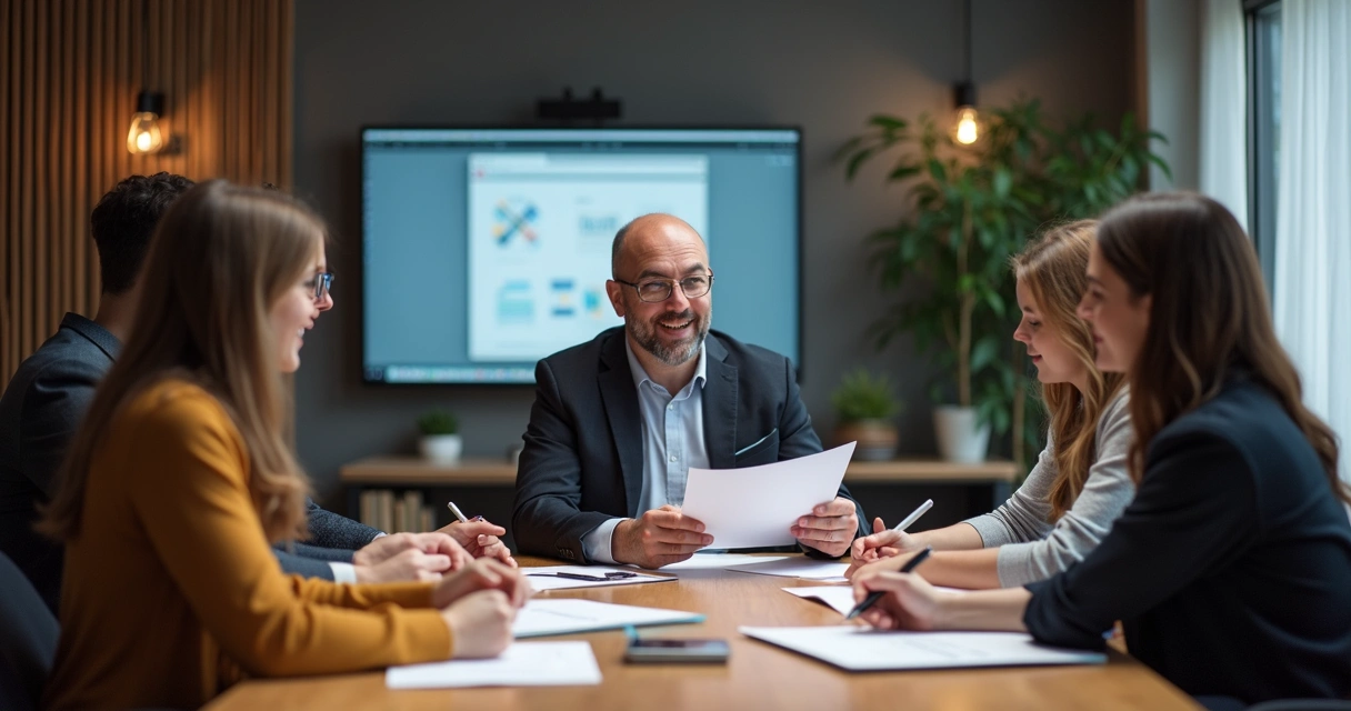 Sócio de agência digital orientando equipe em reunião 