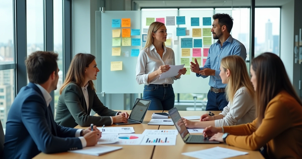 Gestor orientando equipe em reunião com quadro de tarefas e setas de crescimento ao fundo 