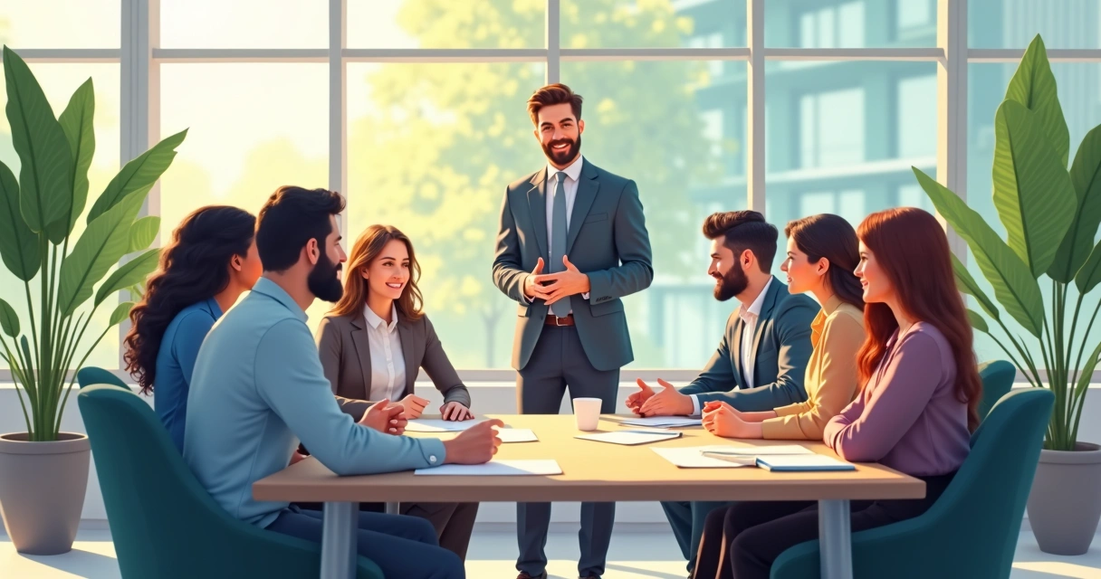 Líder delegando tarefas para equipe em reunião moderna 