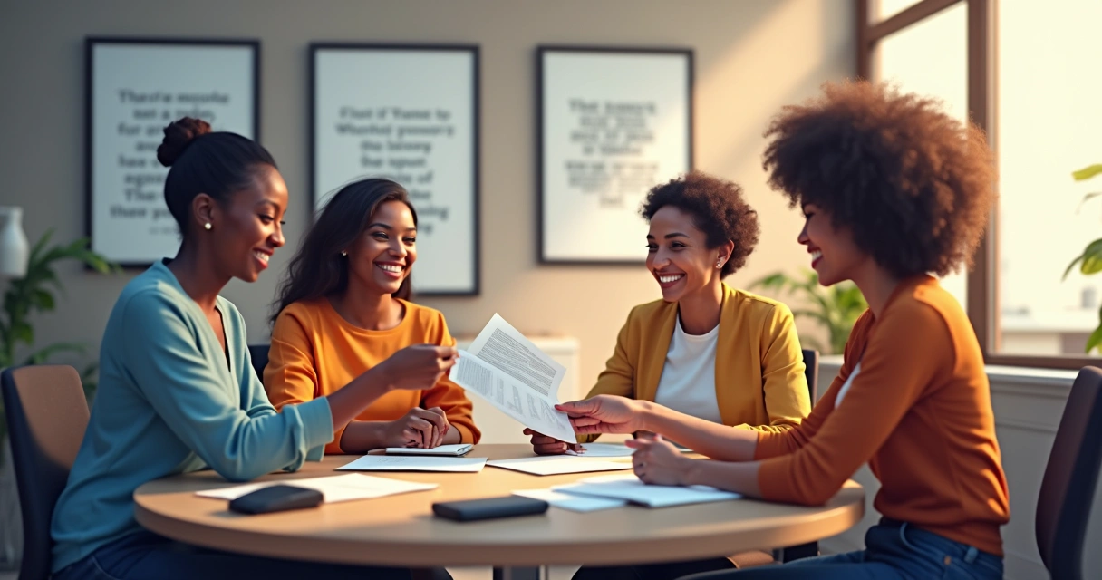 Grupo no escritório passando tarefas e sorrindo, representando delegação 