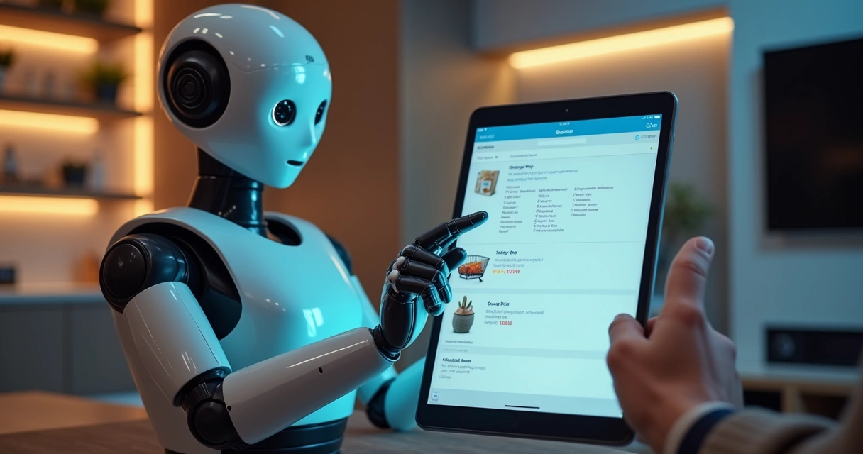 Robô apontando para lista de compras digital em tablet 