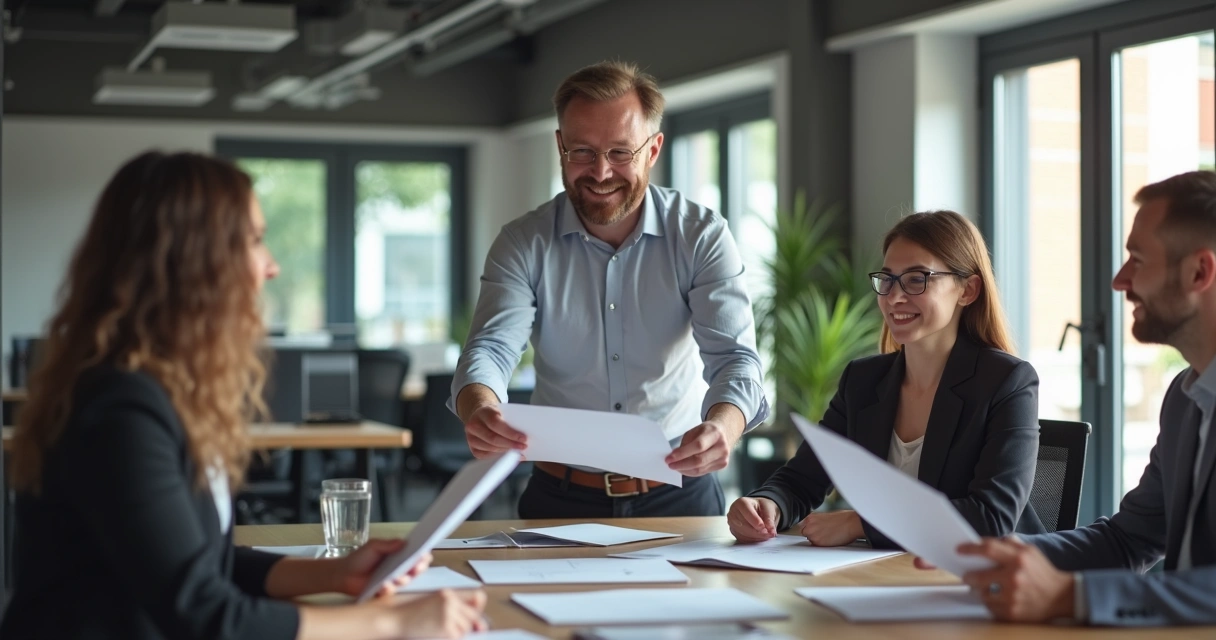 Líder sorridente entregando tarefa a colega durante reunião em escritório moderno 