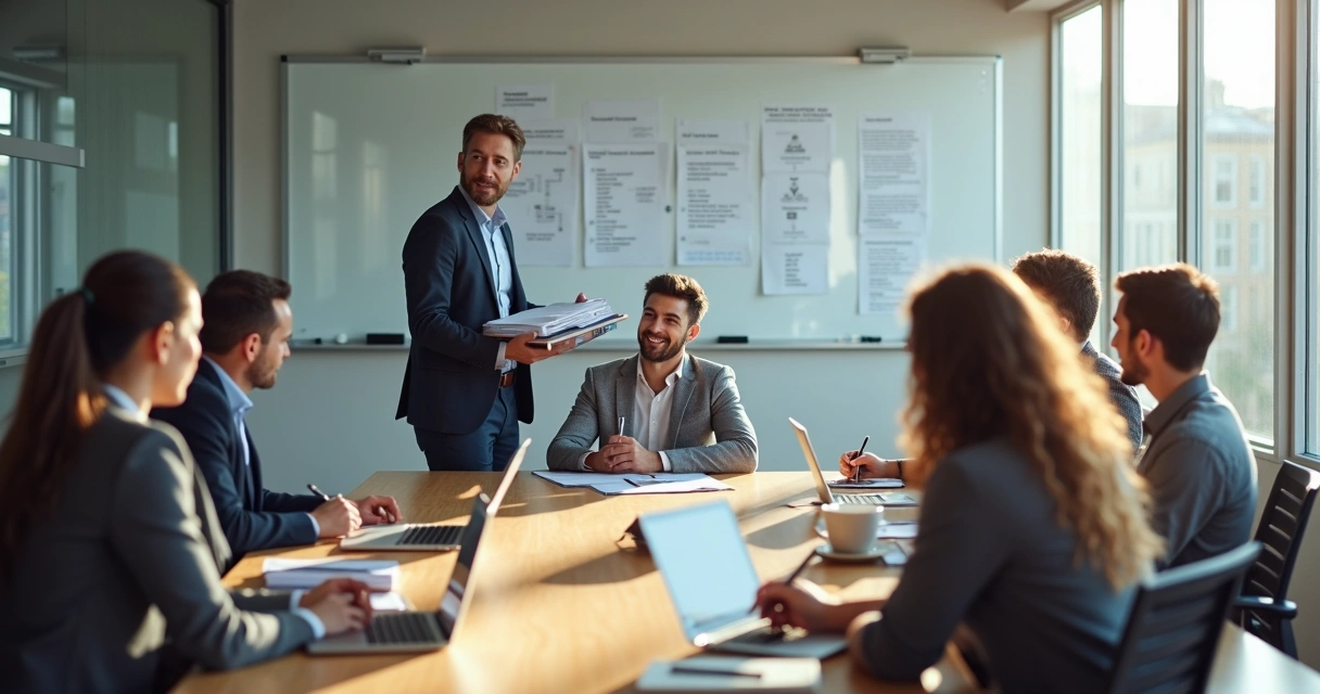 Líder delegando tarefa a um membro da equipe em sala de reuniões moderna. 