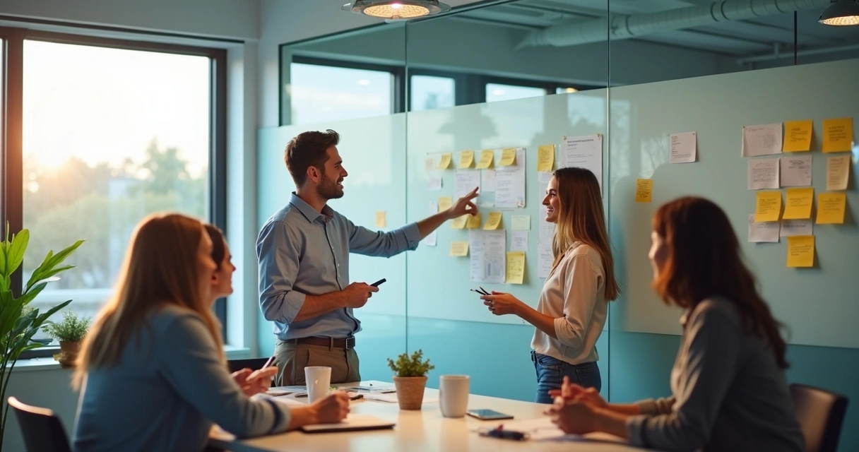 Liderança delegando tarefas em equipe colaborativa 