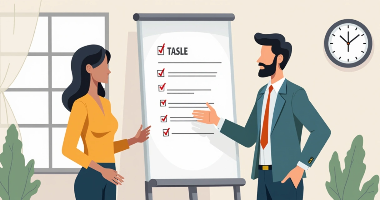 Gestor explicando tarefa para colaborador, ambos olhando um quadro branco de planejamento. 