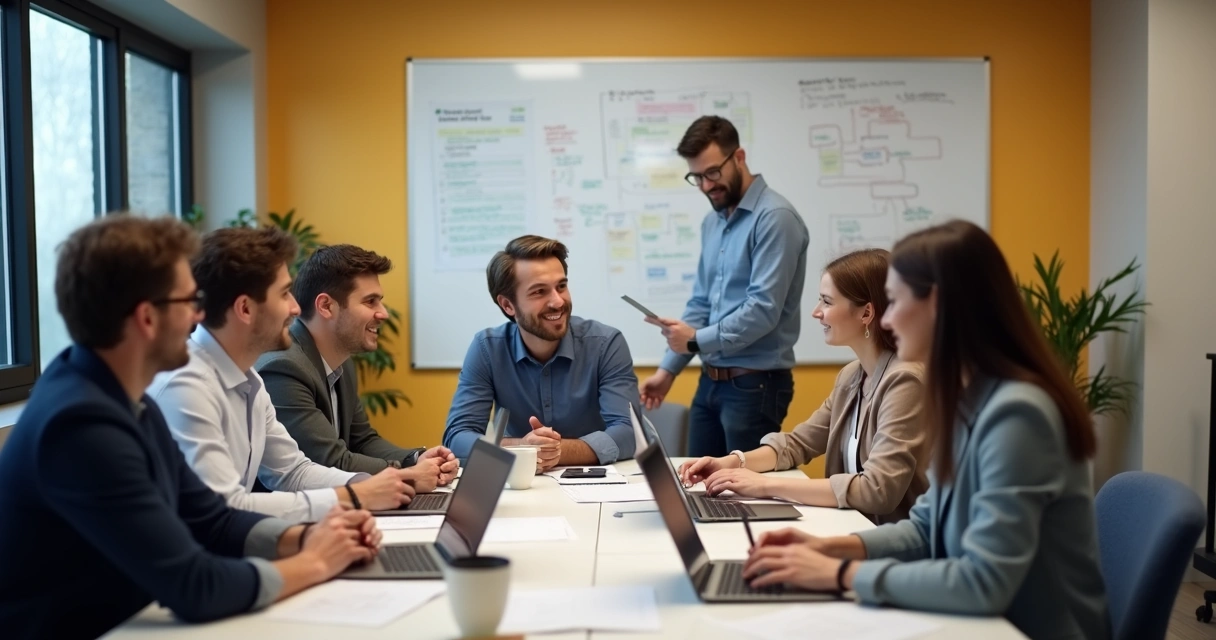 Equipe de agência reunida em mesa discutindo processos com líder ao fundo 