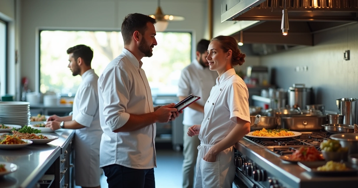 Gestor orienta funcionário na cozinha de restaurante 