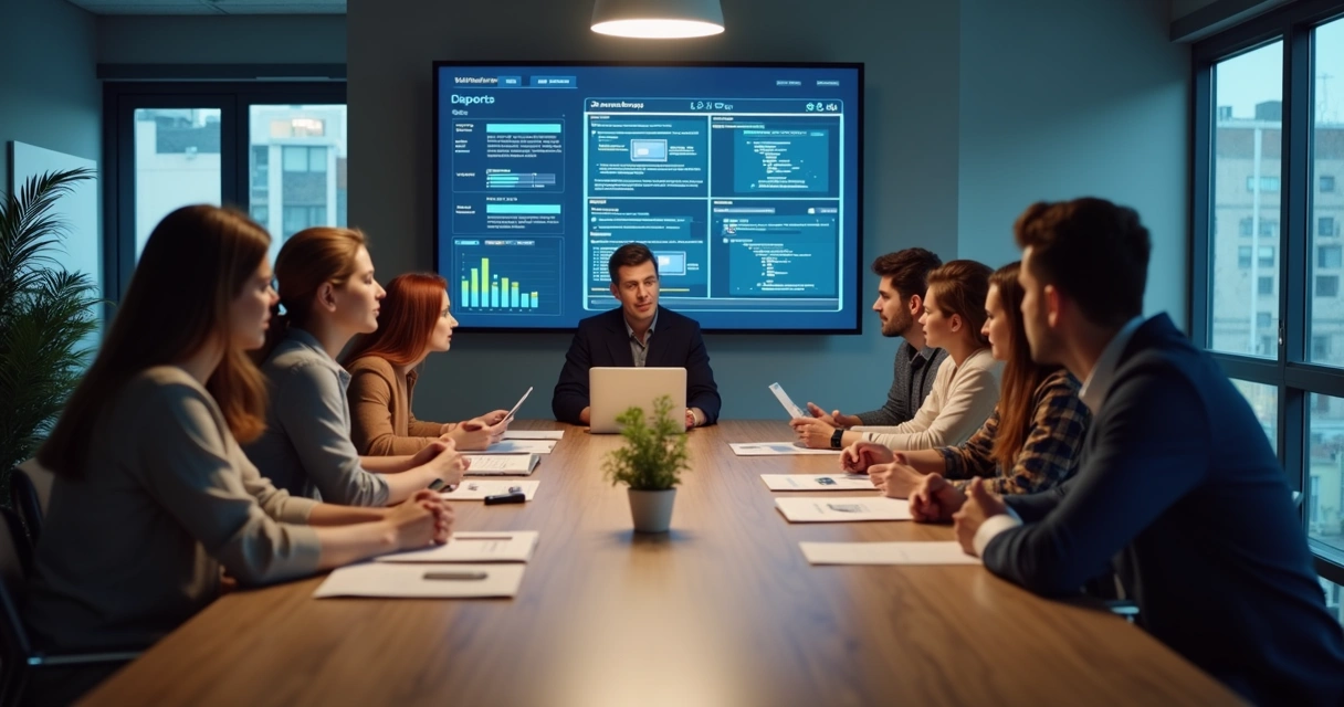 Equipe de agência digital organizada em delegação de tarefas