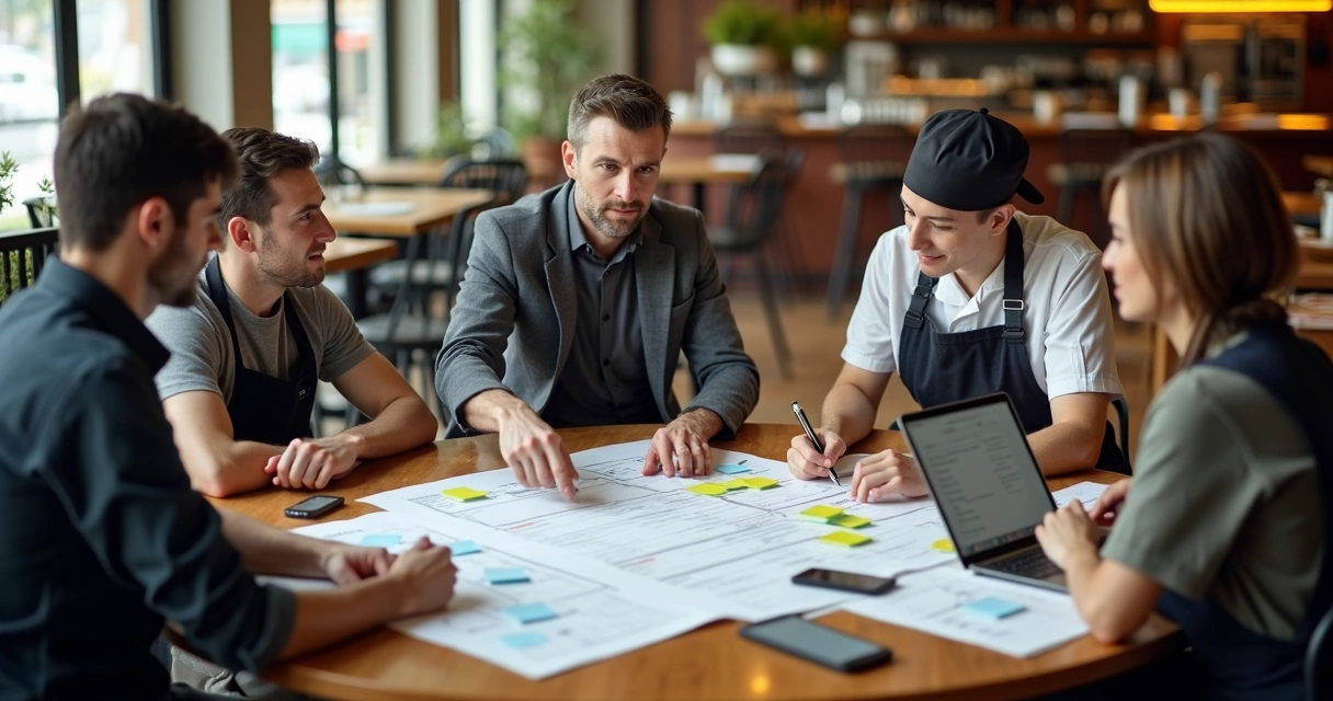 Gestor de restaurante em mesa redonda delegando tarefas para equipe em reunião 