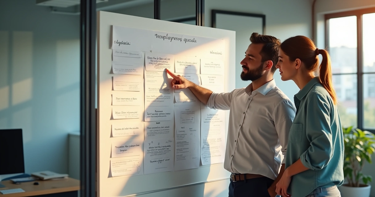 Gestor orientando colaborador em reunião rápida na sala de escritório