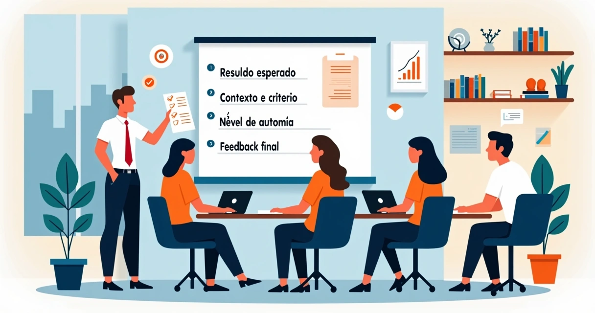 Empresário delegando tarefas com equipe alinhada em reunião de escritório 