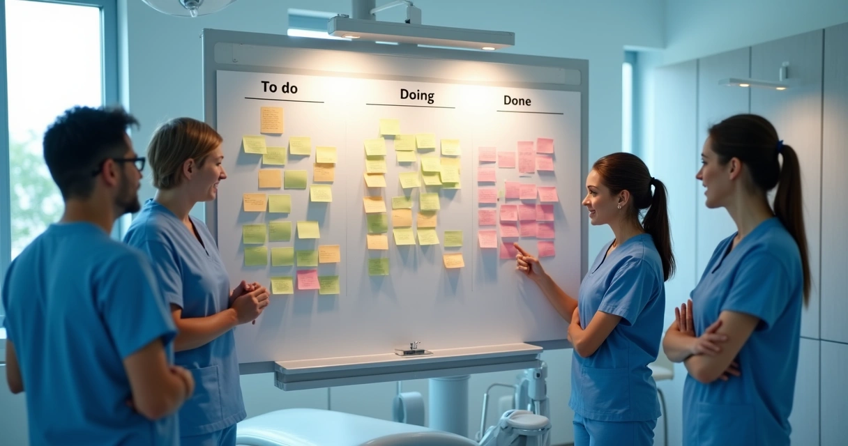 Equipe da clínica odontológica analisando quadro visual de tarefas 