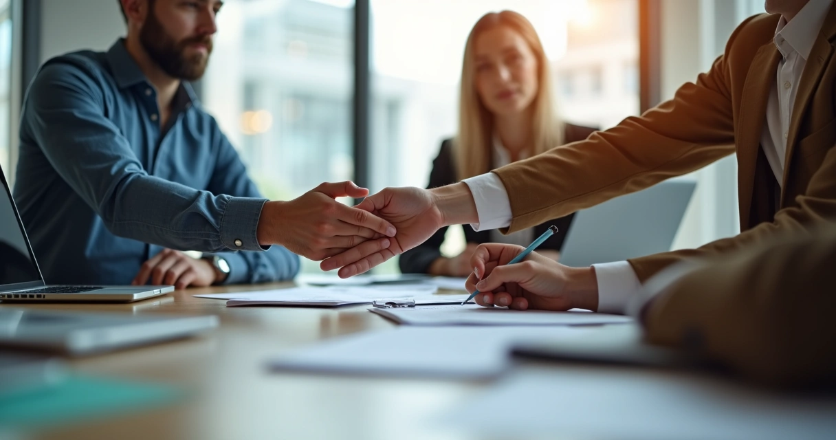 Três pessoas em reunião, uma passando tarefa para outra anotando 