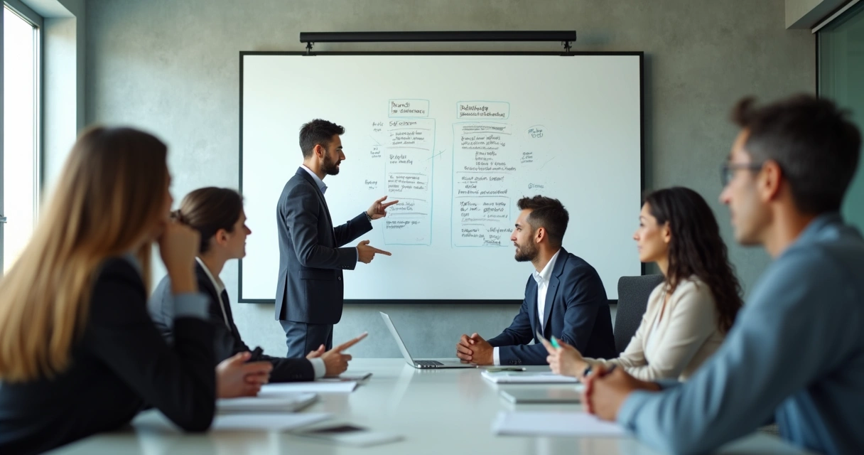 Sala de empresa com líder direcionando tarefas para diferentes membros do time 