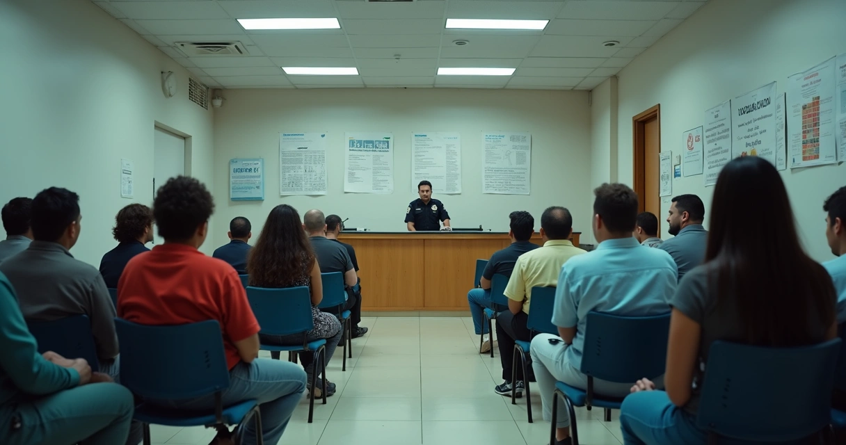 Recepção de delegacia com pessoas aguardando sentadas em cadeiras 