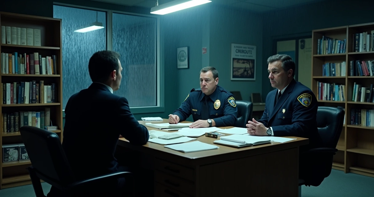 Delegado e advogado em delegacia à noite durante flagrante policial 