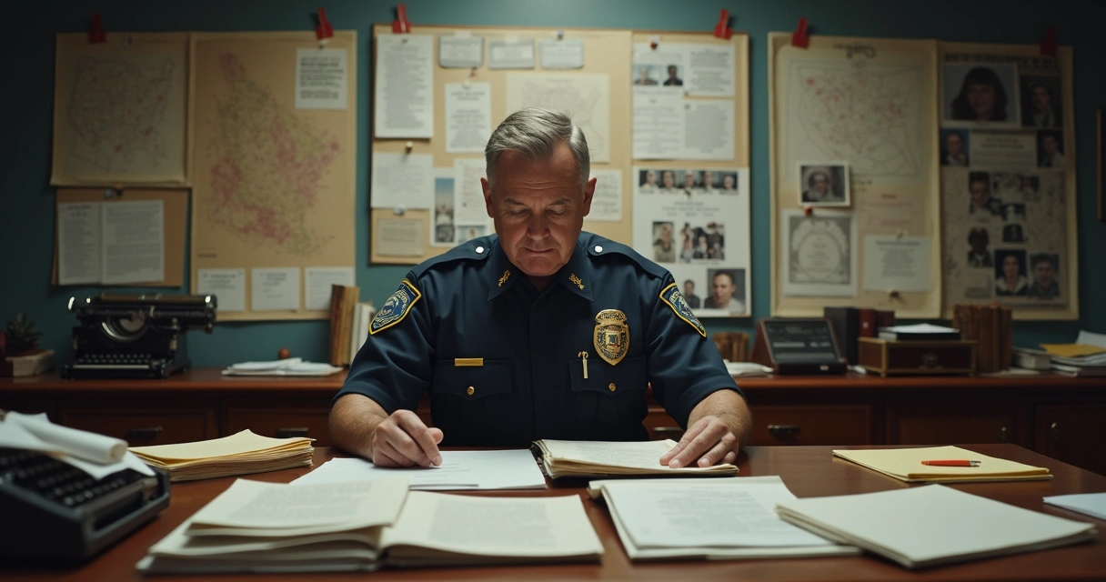 Delegado analisando documentos na delegacia 