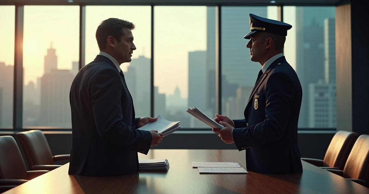 Advogado questionando delegado com arquivos sobre a mesa 